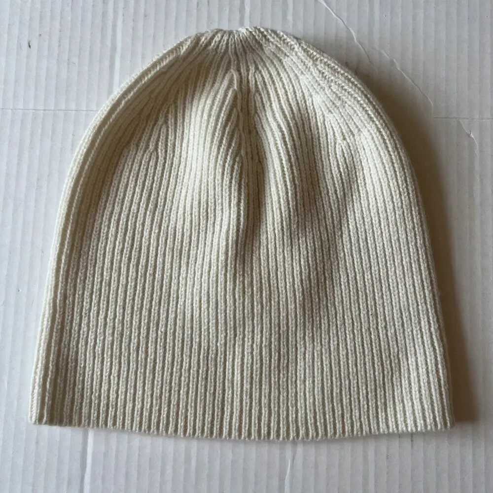 Theory 100% Cashmere Ribbed Beanie Hat Ivory One Size NWOT